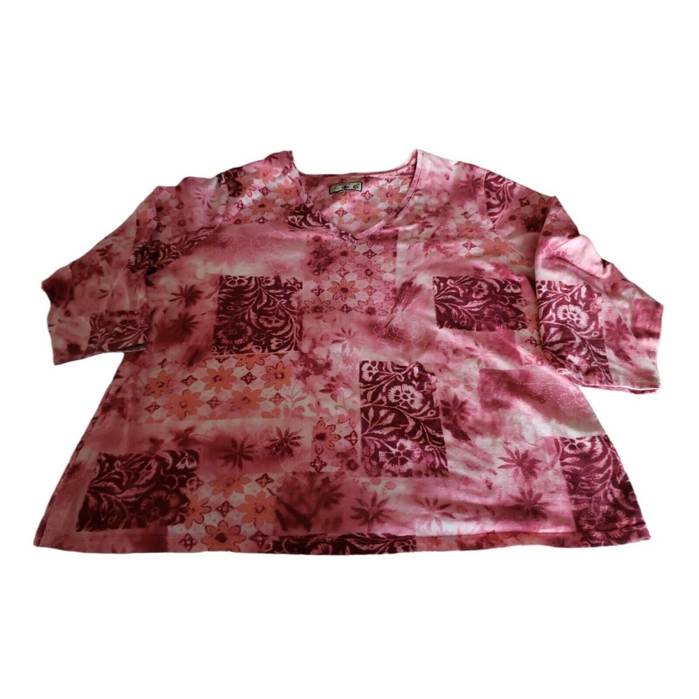 Carribean Joe Size XL Womens Pink Floral Cotton 3/4 Sleeves V-Neck Let's Go